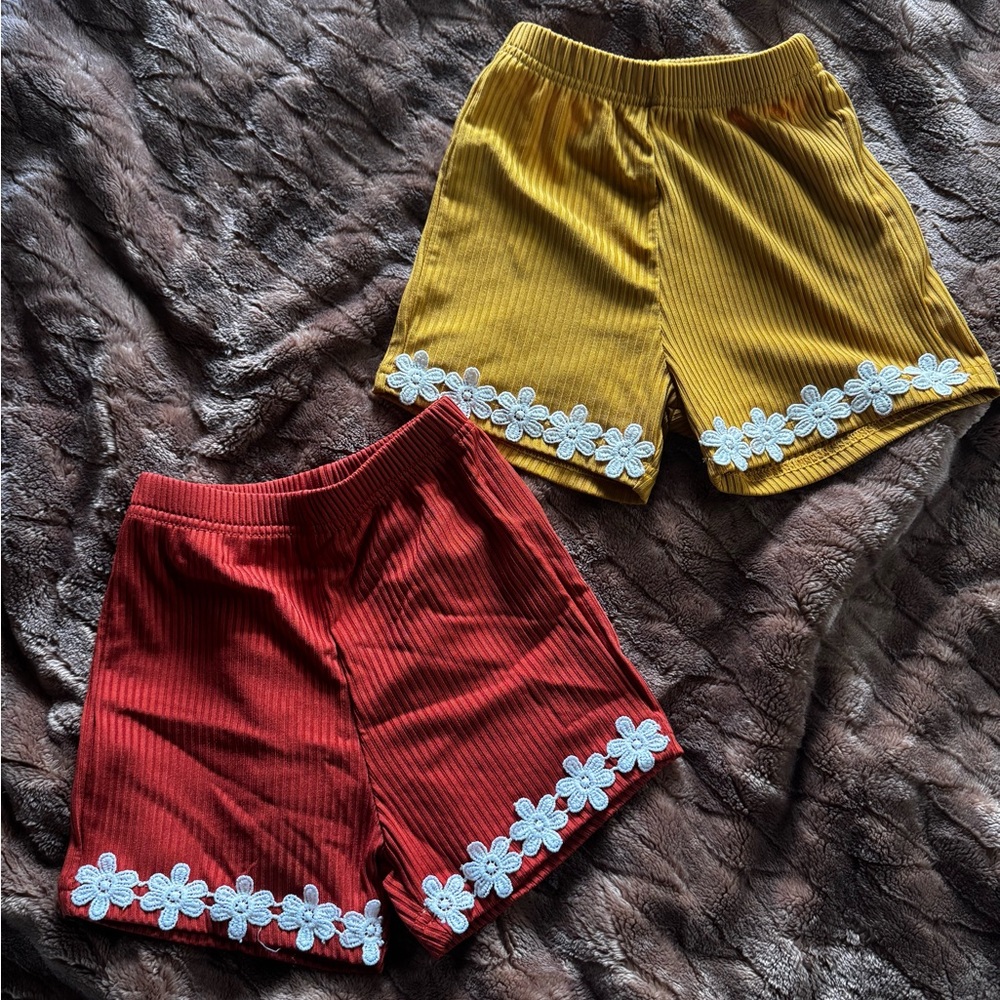Red and Yellow Ribbed Shorts with Floral Trim